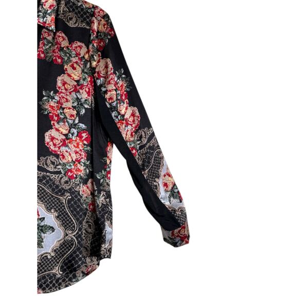 Hale Bob Silk Floral Blouse Black Red Rose Baroque Print Button Down Top Size M - Picture 3 of 7